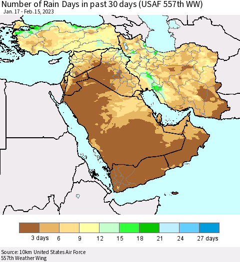 Middle East and Turkey Number of Rain Days in past 30 days (USAF 557th WW) 02/15/2023 Thematic Map For 2/11/2023 - 2/15/2023