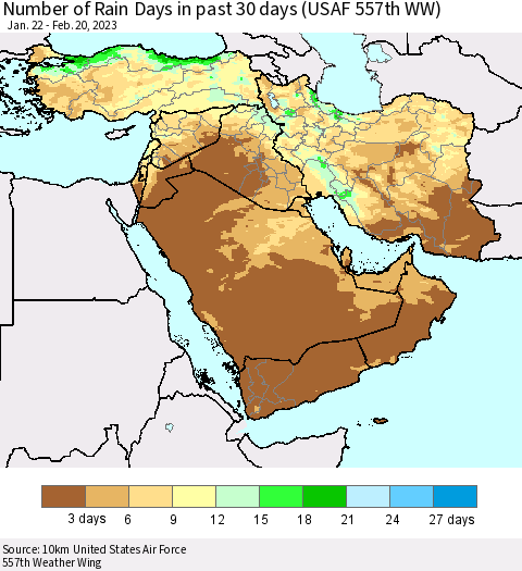 Middle East and Turkey Number of Rain Days in past 30 days (USAF 557th WW) 02/20/2023 Thematic Map For 2/16/2023 - 2/20/2023