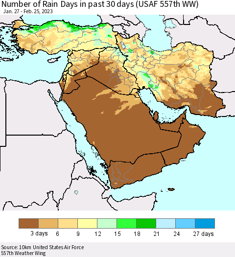 Middle East and Turkey Number of Rain Days in past 30 days (USAF 557th WW) 02/25/2023 Thematic Map For 2/21/2023 - 2/25/2023