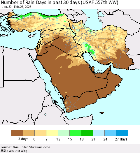 Middle East and Turkey Number of Rain Days in past 30 days (USAF 557th WW) 02/28/2023 Thematic Map For 2/26/2023 - 2/28/2023
