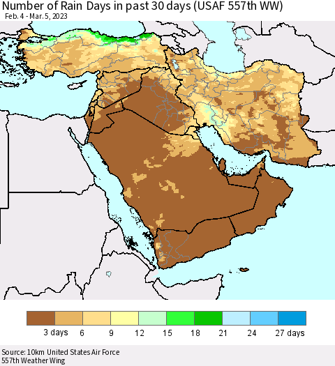 Middle East and Turkey Number of Rain Days in past 30 days (USAF 557th WW) 03/05/2023 Thematic Map For 3/1/2023 - 3/5/2023