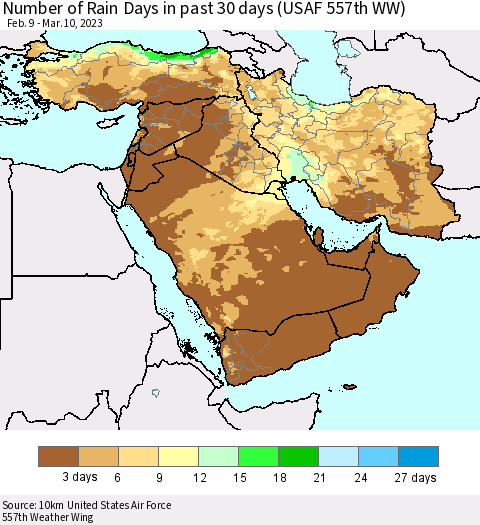 Middle East and Turkey Number of Rain Days in past 30 days (USAF 557th WW) 03/10/2023 Thematic Map For 3/6/2023 - 3/10/2023