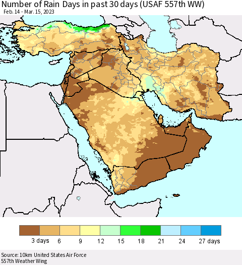 Middle East and Turkey Number of Rain Days in past 30 days (USAF 557th WW) 03/15/2023 Thematic Map For 3/11/2023 - 3/15/2023