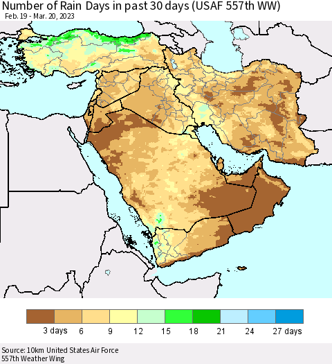 Middle East and Turkey Number of Rain Days in past 30 days (USAF 557th WW) 03/20/2023 Thematic Map For 3/16/2023 - 3/20/2023
