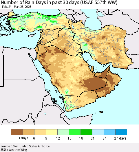 Middle East and Turkey Number of Rain Days in past 30 days (USAF 557th WW) 03/25/2023 Thematic Map For 3/21/2023 - 3/25/2023