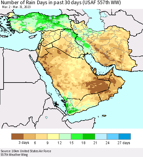 Middle East and Turkey Number of Rain Days in past 30 days (USAF 557th WW) 03/31/2023 Thematic Map For 3/26/2023 - 3/31/2023