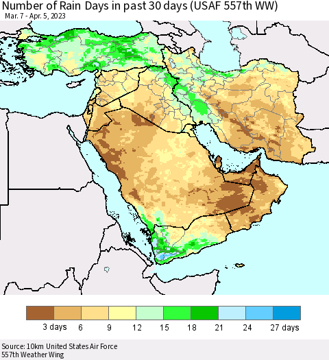 Middle East and Turkey Number of Rain Days in past 30 days (USAF 557th WW) 04/05/2023 Thematic Map For 4/1/2023 - 4/5/2023