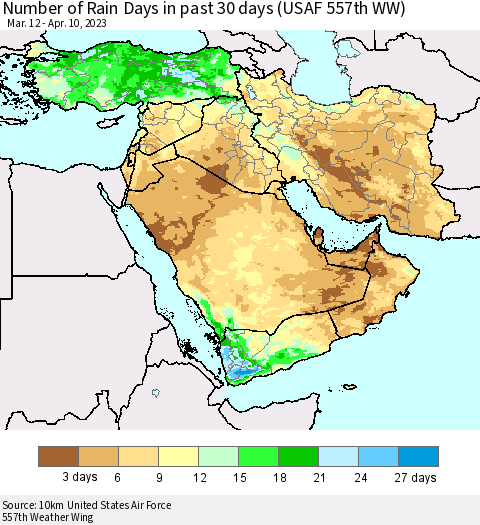 Middle East and Turkey Number of Rain Days in past 30 days (USAF 557th WW) 04/10/2023 Thematic Map For 4/6/2023 - 4/10/2023