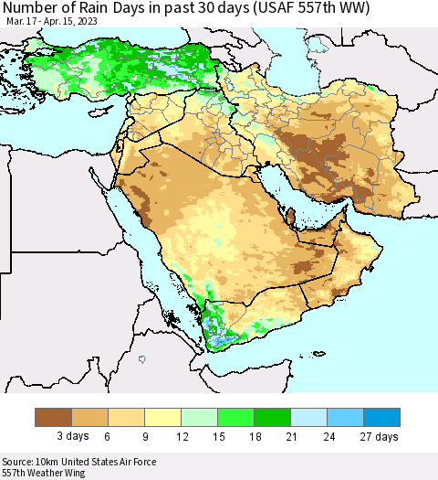 Middle East and Turkey Number of Rain Days in past 30 days (USAF 557th WW) 04/15/2023 Thematic Map For 4/11/2023 - 4/15/2023
