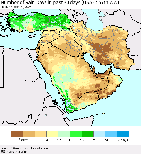 Middle East and Turkey Number of Rain Days in past 30 days (USAF 557th WW) 04/20/2023 Thematic Map For 4/16/2023 - 4/20/2023