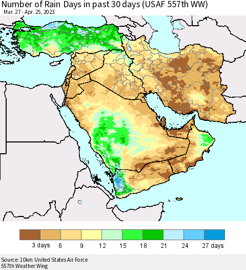 Middle East and Turkey Number of Rain Days in past 30 days (USAF 557th WW) 04/25/2023 Thematic Map For 4/21/2023 - 4/25/2023