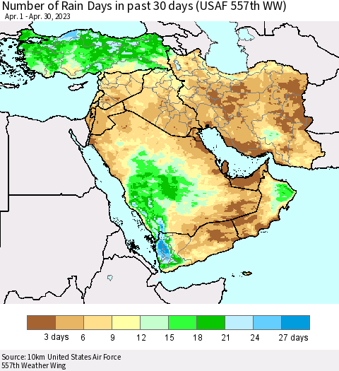 Middle East and Turkey Number of Rain Days in past 30 days (USAF 557th WW) 04/30/2023 Thematic Map For 4/26/2023 - 4/30/2023