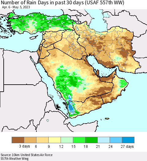 Middle East and Turkey Number of Rain Days in past 30 days (USAF 557th WW) 05/05/2023 Thematic Map For 5/1/2023 - 5/5/2023