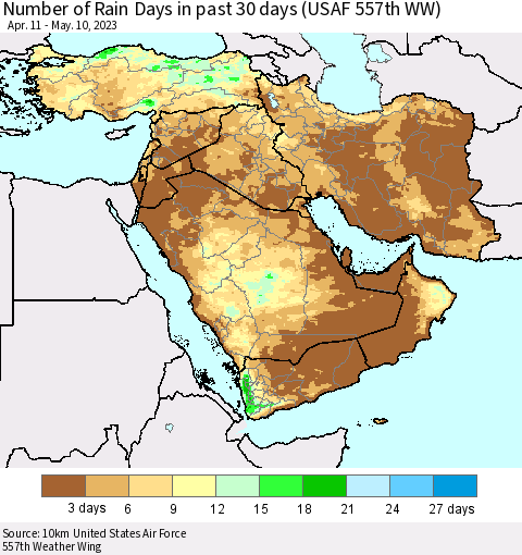 Middle East and Turkey Number of Rain Days in past 30 days (USAF 557th WW) 05/10/2023 Thematic Map For 5/6/2023 - 5/10/2023