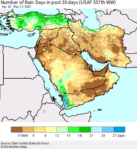 Middle East and Turkey Number of Rain Days in past 30 days (USAF 557th WW) 05/15/2023 Thematic Map For 5/11/2023 - 5/15/2023
