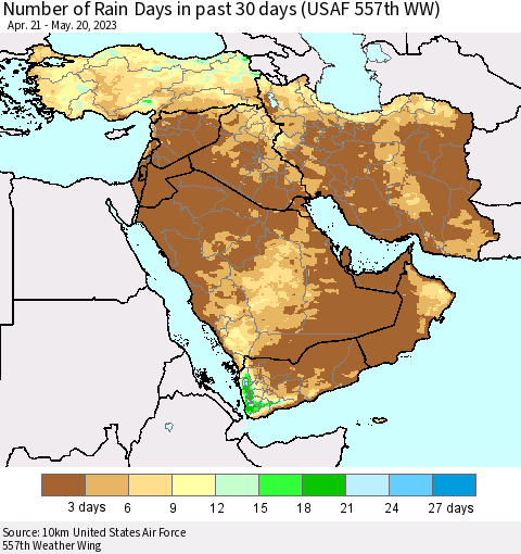 Middle East and Turkey Number of Rain Days in past 30 days (USAF 557th WW) 05/20/2023 Thematic Map For 5/16/2023 - 5/20/2023