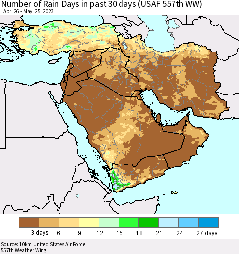 Middle East and Turkey Number of Rain Days in past 30 days (USAF 557th WW) 05/25/2023 Thematic Map For 5/21/2023 - 5/25/2023