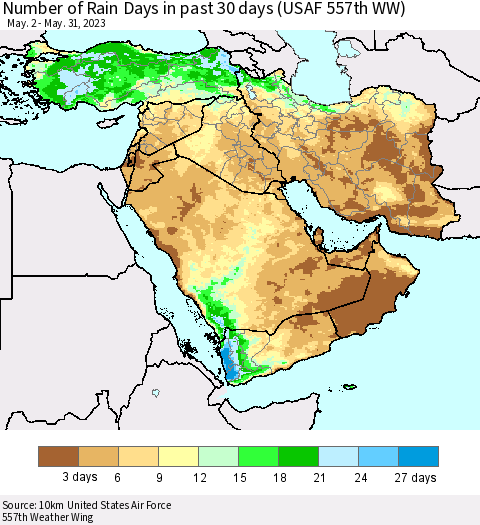Middle East and Turkey Number of Rain Days in past 30 days (USAF 557th WW) 05/31/2023 Thematic Map For 5/26/2023 - 5/31/2023