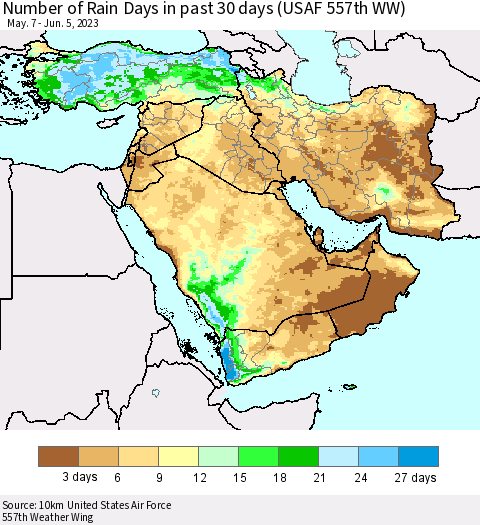 Middle East and Turkey Number of Rain Days in past 30 days (USAF 557th WW) 06/05/2023 Thematic Map For 6/1/2023 - 6/5/2023