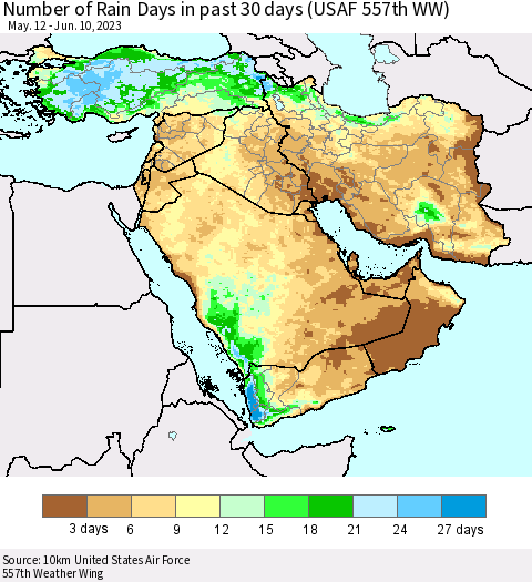 Middle East and Turkey Number of Rain Days in past 30 days (USAF 557th WW) 06/10/2023 Thematic Map For 6/6/2023 - 6/10/2023