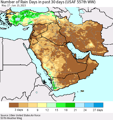 Middle East and Turkey Number of Rain Days in past 30 days (USAF 557th WW) 06/15/2023 Thematic Map For 6/11/2023 - 6/15/2023