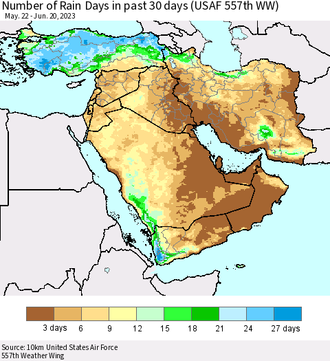 Middle East and Turkey Number of Rain Days in past 30 days (USAF 557th WW) 06/20/2023 Thematic Map For 6/16/2023 - 6/20/2023
