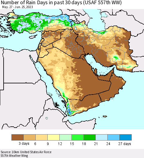 Middle East and Turkey Number of Rain Days in past 30 days (USAF 557th WW) 06/25/2023 Thematic Map For 6/21/2023 - 6/25/2023