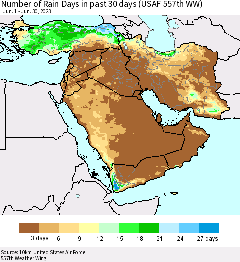 Middle East and Turkey Number of Rain Days in past 30 days (USAF 557th WW) 06/30/2023 Thematic Map For 6/26/2023 - 6/30/2023