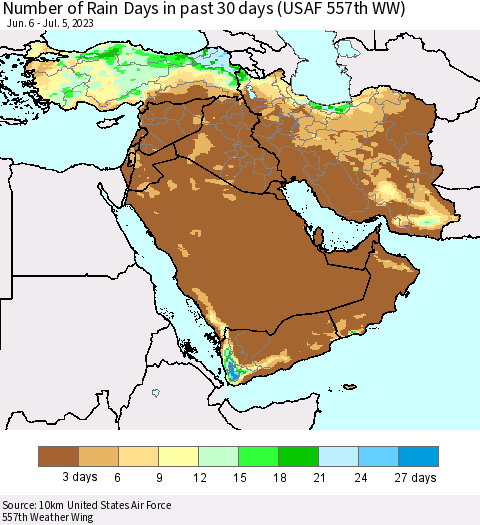 Middle East and Turkey Number of Rain Days in past 30 days (USAF 557th WW) 07/05/2023 Thematic Map For 7/1/2023 - 7/5/2023