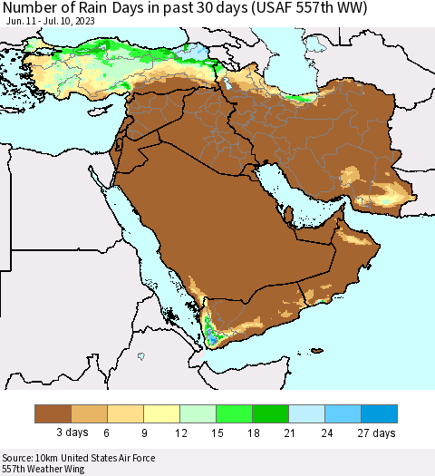 Middle East and Turkey Number of Rain Days in past 30 days (USAF 557th WW) 07/10/2023 Thematic Map For 7/6/2023 - 7/10/2023