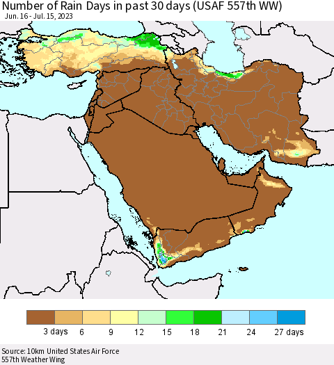 Middle East and Turkey Number of Rain Days in past 30 days (USAF 557th WW) 07/15/2023 Thematic Map For 7/11/2023 - 7/15/2023