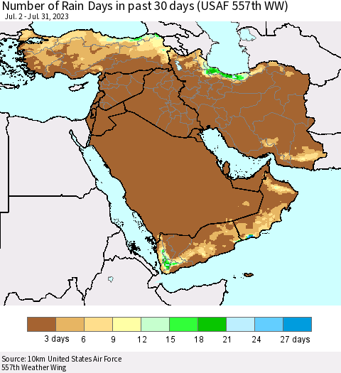 Middle East and Turkey Number of Rain Days in past 30 days (USAF 557th WW) 07/31/2023 Thematic Map For 7/26/2023 - 7/31/2023