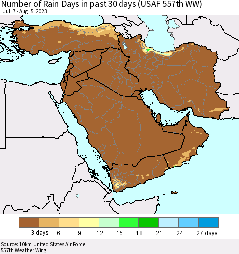 Middle East and Turkey Number of Rain Days in past 30 days (USAF 557th WW) 08/05/2023 Thematic Map For 8/1/2023 - 8/5/2023