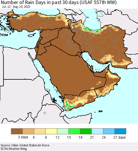 Middle East and Turkey Number of Rain Days in past 30 days (USAF 557th WW) 08/10/2023 Thematic Map For 8/6/2023 - 8/10/2023