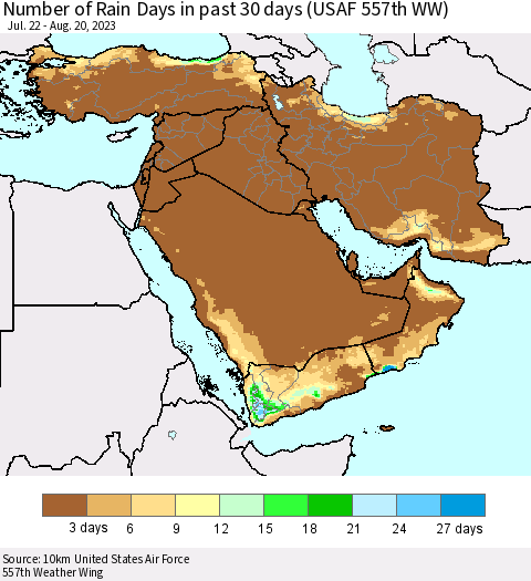 Middle East and Turkey Number of Rain Days in past 30 days (USAF 557th WW) 08/20/2023 Thematic Map For 8/16/2023 - 8/20/2023
