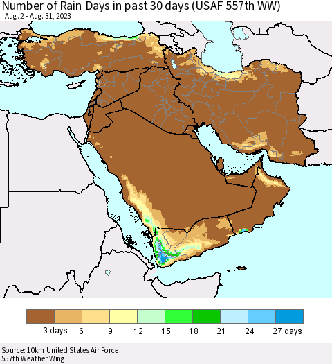 Middle East and Turkey Number of Rain Days in past 30 days (USAF 557th WW) 08/31/2023 Thematic Map For 8/26/2023 - 8/31/2023