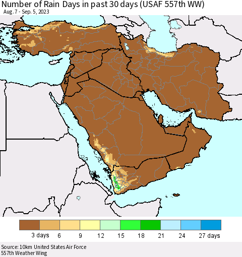Middle East and Turkey Number of Rain Days in past 30 days (USAF 557th WW) 09/05/2023 Thematic Map For 9/1/2023 - 9/5/2023