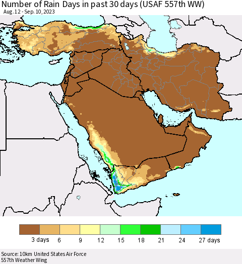 Middle East and Turkey Number of Rain Days in past 30 days (USAF 557th WW) 09/10/2023 Thematic Map For 9/6/2023 - 9/10/2023