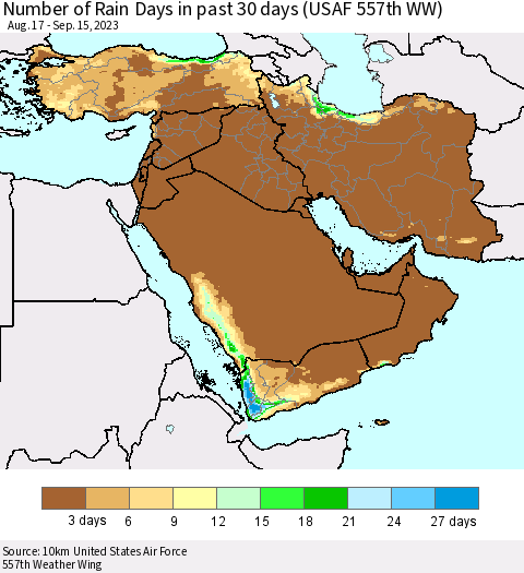 Middle East and Turkey Number of Rain Days in past 30 days (USAF 557th WW) 09/15/2023 Thematic Map For 9/11/2023 - 9/15/2023