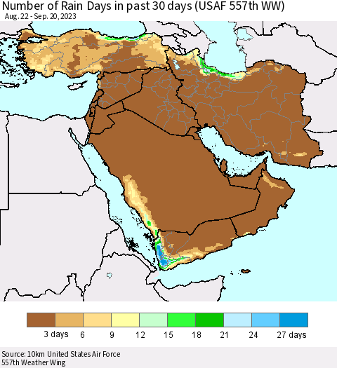 Middle East and Turkey Number of Rain Days in past 30 days (USAF 557th WW) 09/20/2023 Thematic Map For 9/16/2023 - 9/20/2023