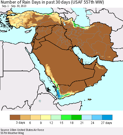 Middle East and Turkey Number of Rain Days in past 30 days (USAF 557th WW) 09/30/2023 Thematic Map For 9/26/2023 - 9/30/2023