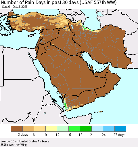 Middle East and Turkey Number of Rain Days in past 30 days (USAF 557th WW) 10/05/2023 Thematic Map For 10/1/2023 - 10/5/2023