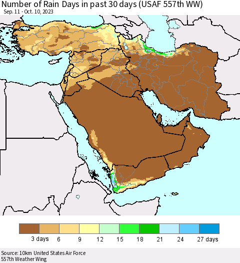 Middle East and Turkey Number of Rain Days in past 30 days (USAF 557th WW) 10/10/2023 Thematic Map For 10/6/2023 - 10/10/2023