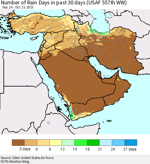Middle East and Turkey Number of Rain Days in past 30 days (USAF 557th WW) 10/15/2023 Thematic Map For 10/11/2023 - 10/15/2023