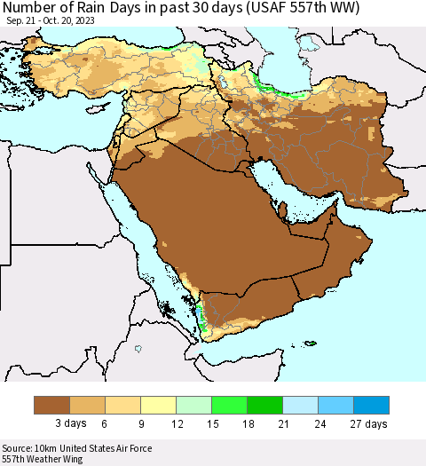 Middle East and Turkey Number of Rain Days in past 30 days (USAF 557th WW) Thematic Map For 10/16/2023 - 10/20/2023