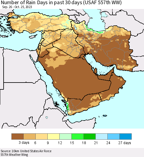 Middle East and Turkey Number of Rain Days in past 30 days (USAF 557th WW) 10/25/2023 Thematic Map For 10/21/2023 - 10/25/2023