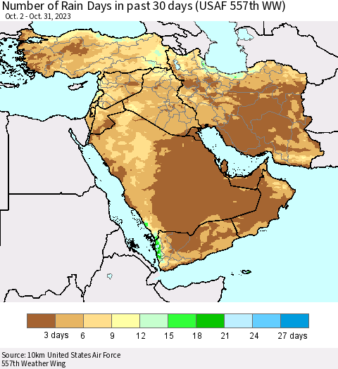 Middle East and Turkey Number of Rain Days in past 30 days (USAF 557th WW) 10/31/2023 Thematic Map For 10/26/2023 - 10/31/2023