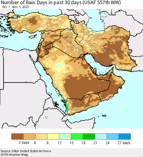 Middle East and Turkey Number of Rain Days in past 30 days (USAF 557th WW) 11/05/2023 Thematic Map For 11/1/2023 - 11/5/2023