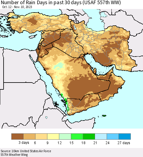 Middle East and Turkey Number of Rain Days in past 30 days (USAF 557th WW) 11/10/2023 Thematic Map For 11/6/2023 - 11/10/2023