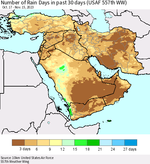 Middle East and Turkey Number of Rain Days in past 30 days (USAF 557th WW) 11/15/2023 Thematic Map For 11/11/2023 - 11/15/2023